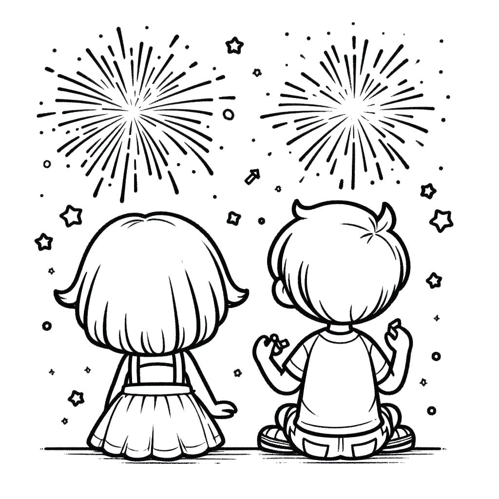 Two Kids and Fireworks coloring page