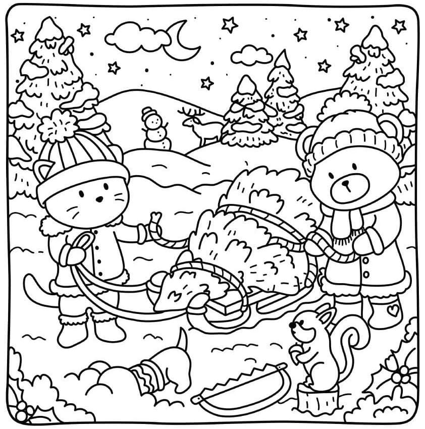 Cottage Friends Winter coloring page