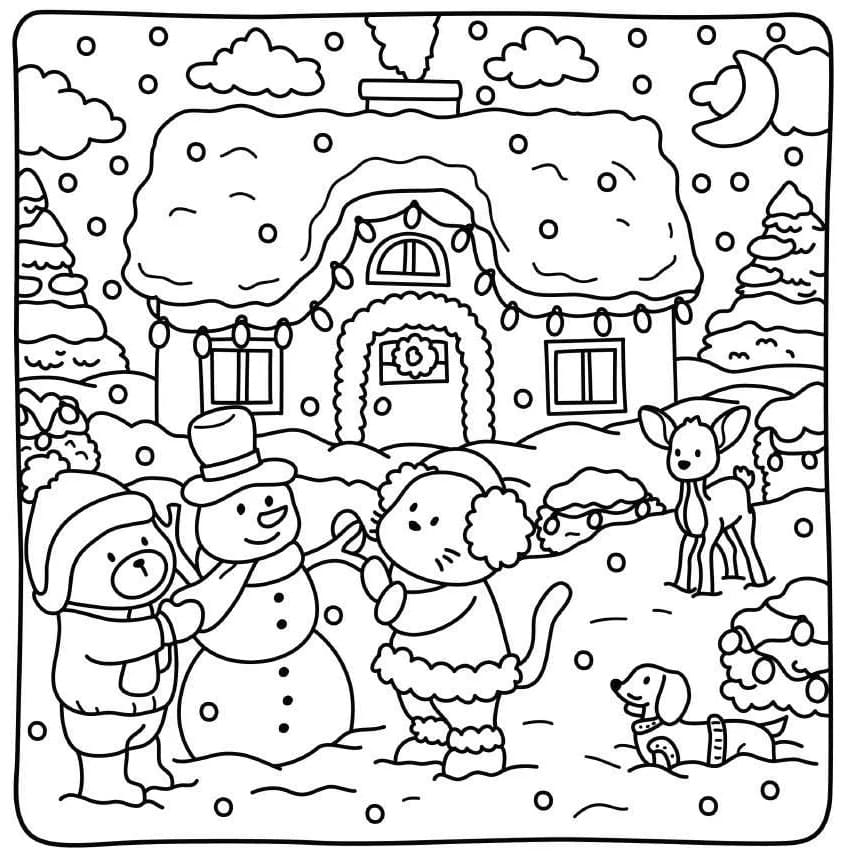Winter Cottage Friends coloring page