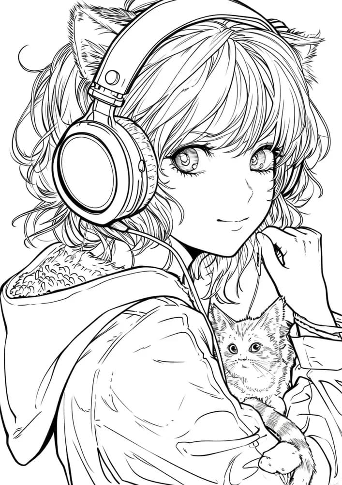 Cool Anime Girl with Kitten